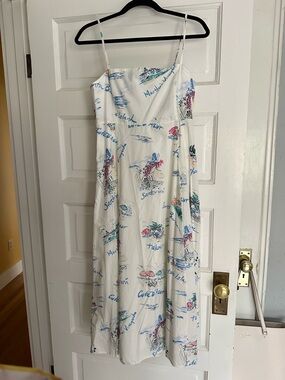 GAP White Travel-Print Spaghetti-Strap Midi Dress